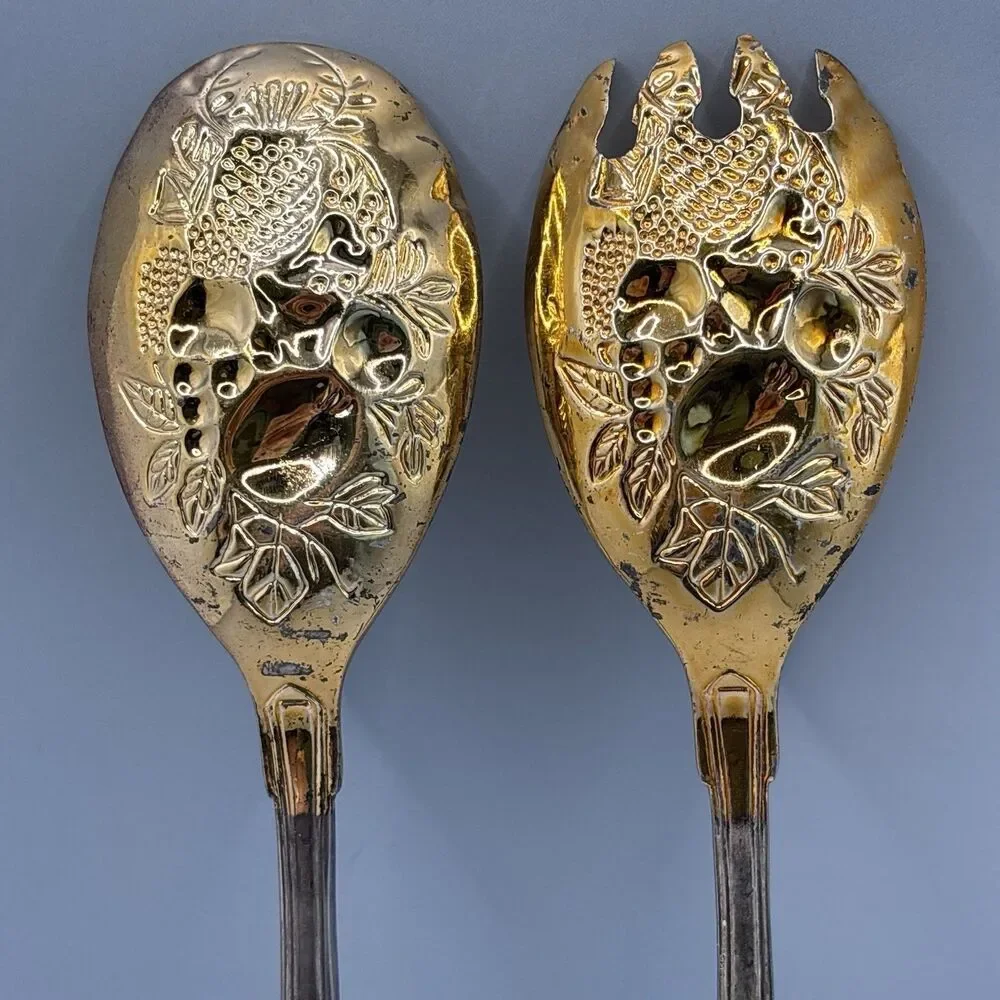 Vintage Gold/Silver  Tone Salad Serving Spoon Fork Set Embossed Fruit Pattern